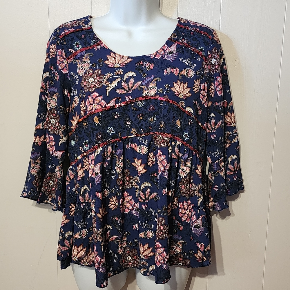 New Directions Woman's Peasant Top PS Petite Small Boho Chic Blue Multicolor B83